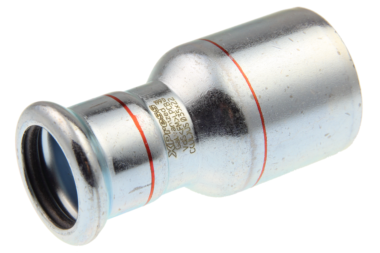 AIPS VSH XPress C-Stahl Reduziernippel mit leak-before-pressed-Funktion, gerader 1-teiliger Reduzierstück, Stahl galvanisch verzinkt, EPDM O-Ring, PN 16, Systemgebunden