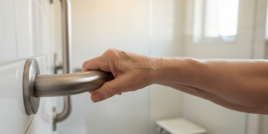 Auf dem Bild ist die Hand einer älteren Person zu sehen, die sich an einem Haltegriff in einem Bad festhält