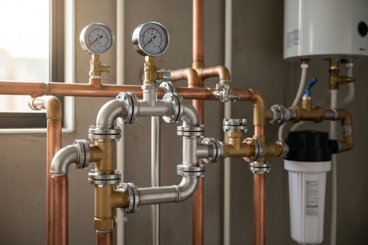 Kupferrohre und Manometer in technischer Wasserinstallation