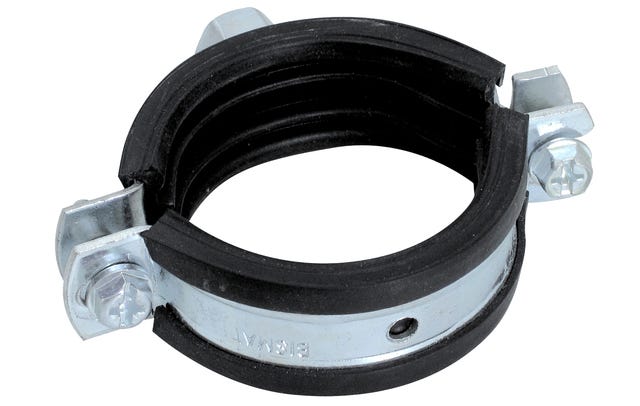 Schnellverschluss, Schallschutz nach DIN 4109, erfüllte Brandschutzanforderungen der MLAR/LAR/RbALei und alterungsbeständige Schallschutzeinlage aus EPDM-Gummi kennzeichnen die BISMAT® 2000 Zweischrauben-Rohrschelle M8/10 ev 57-64 mm für Metallrohre.
