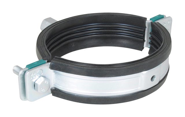 Schwerlastschelle HD1501 (M8/10, M10/12) (BUP1000) mit zwei Antiverlust-Schrauben und EPDM-Einlage für DIN 4109-Schallschutz erfüllt die MLAR/LAR/RbALei-Brandschutzanforderungen, optional: hitzebeständige Silikon-Schallschutzeinlage, für Rohre 15 - 19 mm.