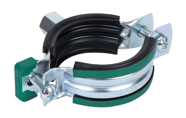 Die KSB2 Zweischrauben-Rohrschelle M8/10 ev 108-115 mm als praktische Lösung zur Befestigung von Rohren verschiedener Materialien hat einen Sicherheitsschnellverschluss, der mit einer Hand bedient werden kann, und eine EPDM-Schallschutzeinlage DIN4109.