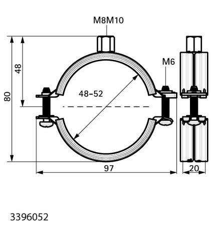 Die KSB2 Zweischrauben-Rohrschelle M8/10 ev 48-52 mm als praktische Lösung zur Befestigung von Rohren verschiedener Materialien hat einen Sicherheitsschnellverschluss, der mit einer Hand bedient werden kann, und eine EPDM-Schallschutzeinlage DIN4109.