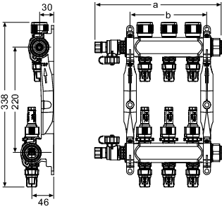 TECEfloor Edelstahlverteiler HKV 8, Typ TECElogo-Push SLQ, mit Durchflussanzeige, 1" IG flachdichtend