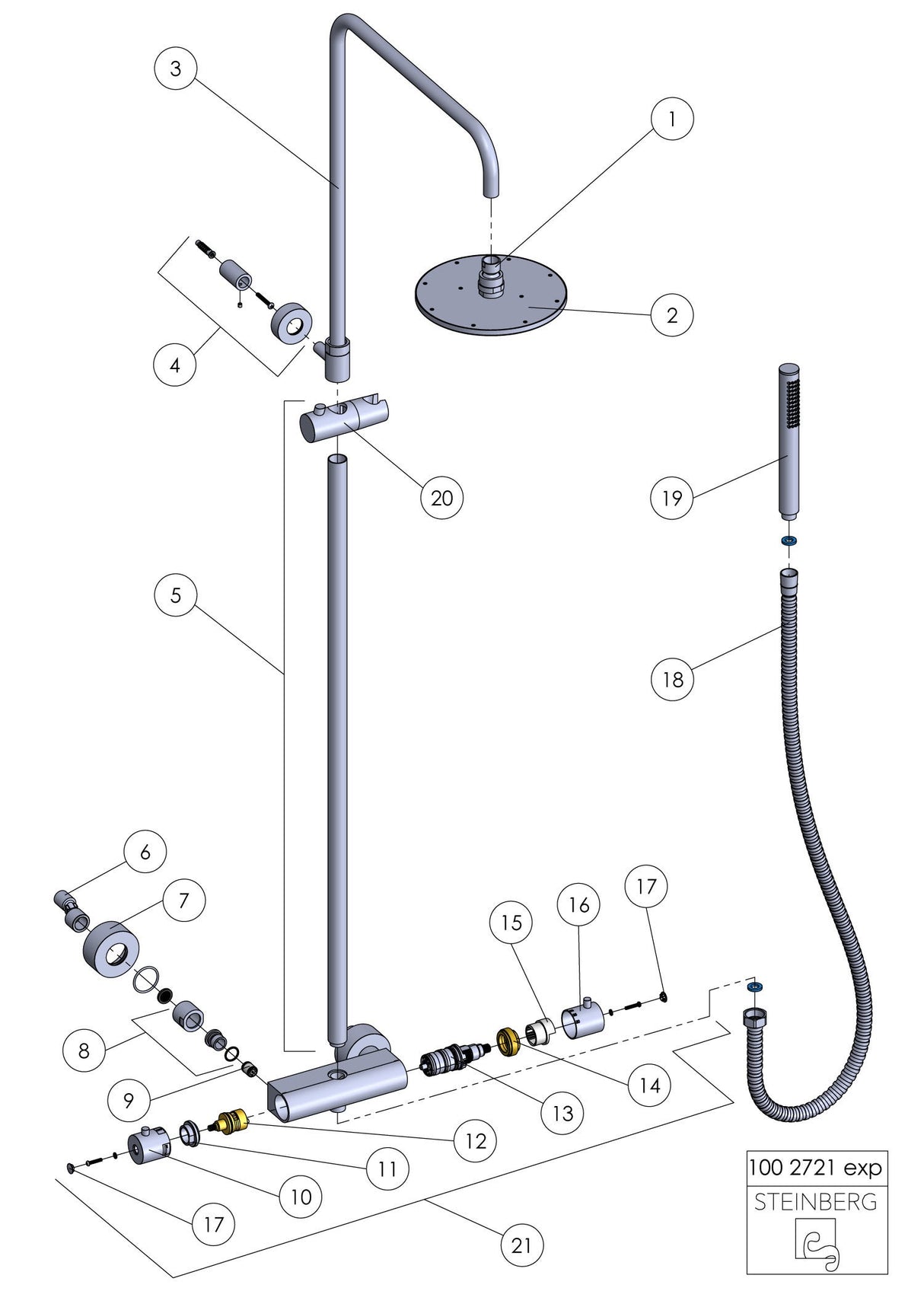 Serie 100 Brauseset komplett mit Thermostatarmatur, mit Regenbrause und Handbrause (Regenbrause mit Easy clean), mit Gleiter, mit schwenkbarem und höhenverstellbarem Regenbrausearm (bei Installation), chrom