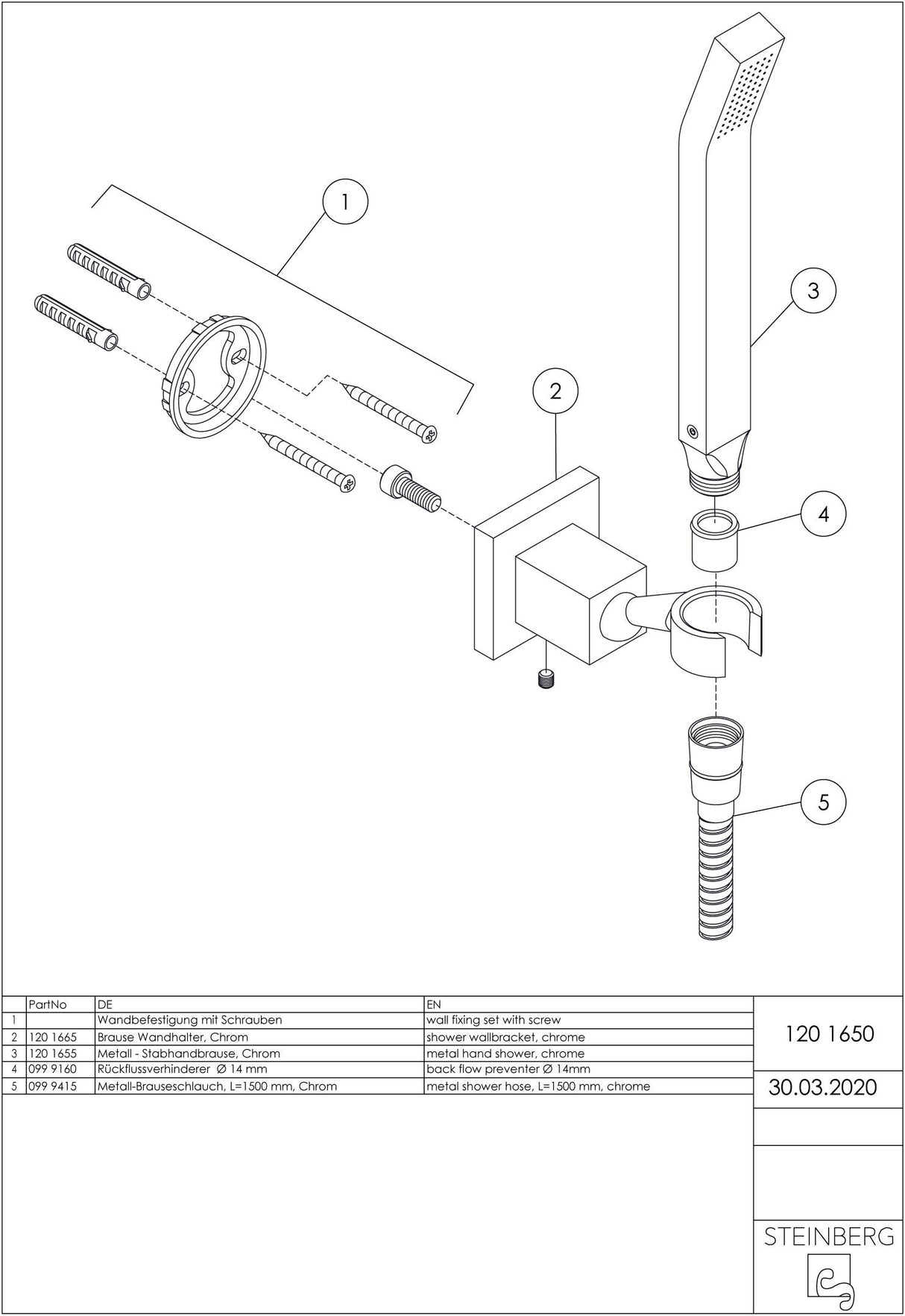 Serie 120 Handbrausegarnitur mit Wandhalter, mit Metallbrauseschlauch 1500 mm, mit Metall Stabhandbrause, chrom