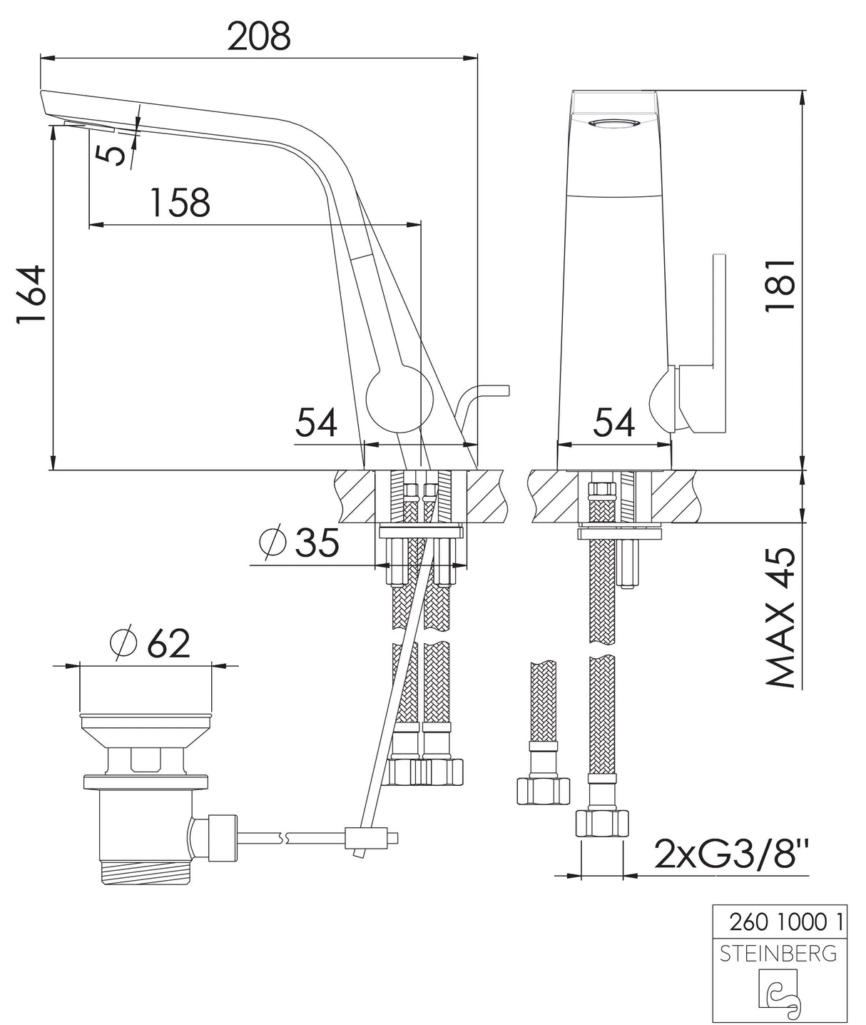 Serie 260 Waschtisch Einhebelmischer mit Ablaufgarnitur Ausladung 158 mm, mit Keramikkartusche, mit Flexschläuchen 3/8", chrom