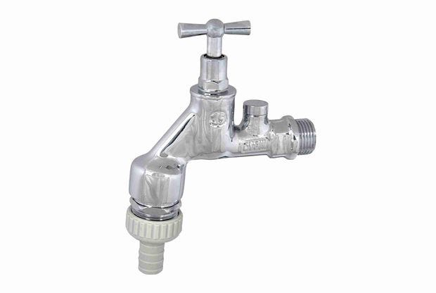 JS Auslaufventil, Serie Air-tec, mit Rohrbelüfter, mit Rückflussverhinderer, mit Schlauchverschraubung, mit Knebel-Oberteil, 1/2", poliertes chrom, DVGW geprüft