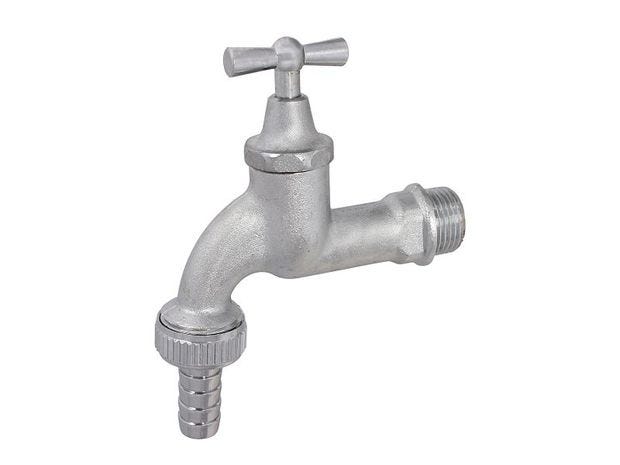 JS Auslaufventil mit Metall-Schlauchverschraubung, mit Knebel-Oberteil, schwer, matt chrom, Gehäuse Messing, Dichtungen EPDM, Betriebsdruck max. 10 bar, Betriebstemperatur max. 90 Grad
