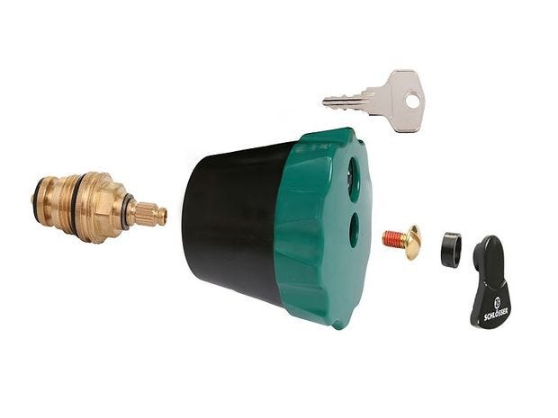 JS Oberteil, abschließbar mit Schlüsselpaar, für Absperrventil + Geräteschrägsitzventil, Griff schwarz/grün