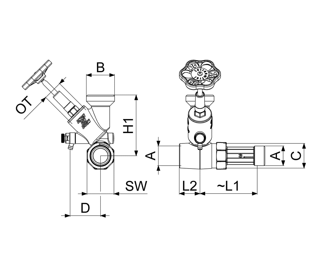 JS Abzweig-T-Ventil KFR mit steigender Spindel, DN25, Oberteil und Gehäuse Messing, Dichtungen EPDM, Griff Polyamid, max. 10 bar, max. 90 Grad, DIN-DVGW zertifiziert