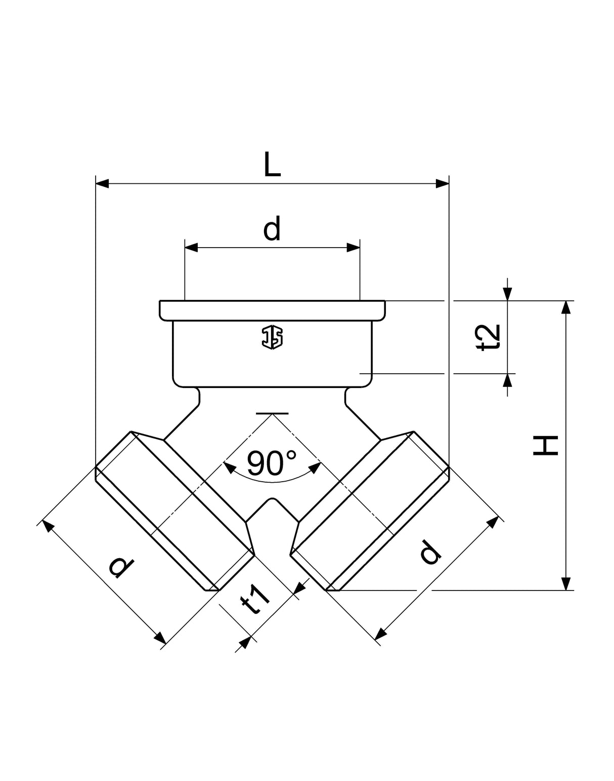 JS Messing-Y-Verteilerstück, DN20, 3/4", 2x Außengewinde, 1x Innengewinde, Messing verchromt