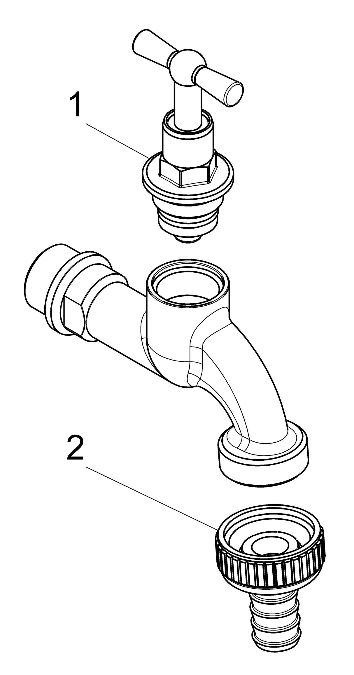 JS Auslaufventil mit Metall-Schlauchverschraubung, mit Knebel-Oberteil, schwer, matt chrom, Gehäuse Messing, Dichtungen EPDM, Betriebsdruck max. 10 bar, Betriebstemperatur max. 90 Grad