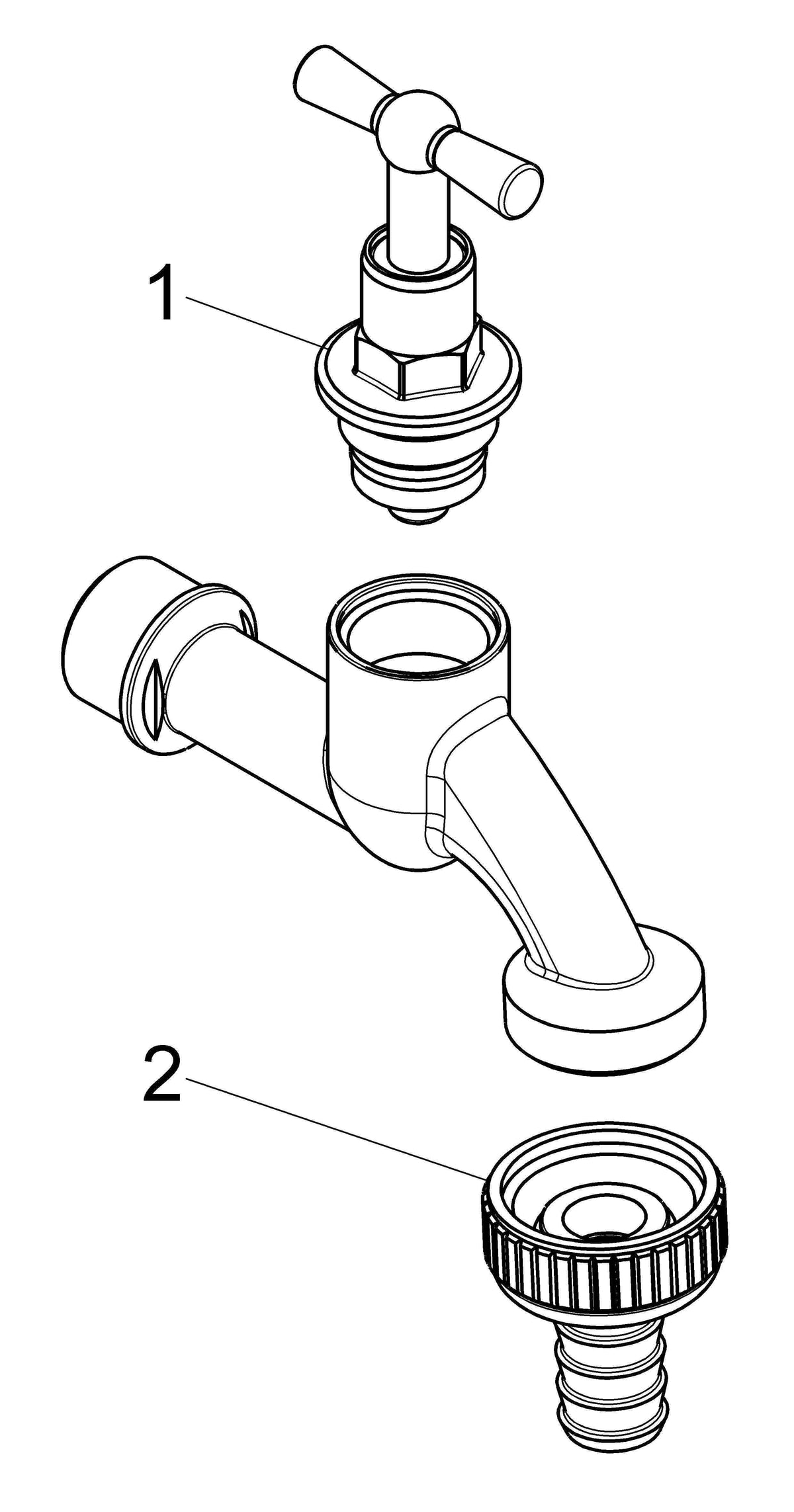 30+2 | JS Auslaufventil mit Schlauchverschraubung, mit Knebel-Oberteil, 1/2", matt chrom