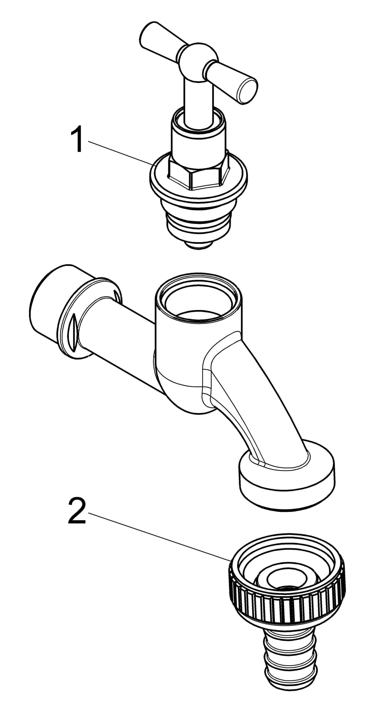 JS Auslaufventil mit Schlauchverschraubung, mit Knebel-Oberteil, chrom