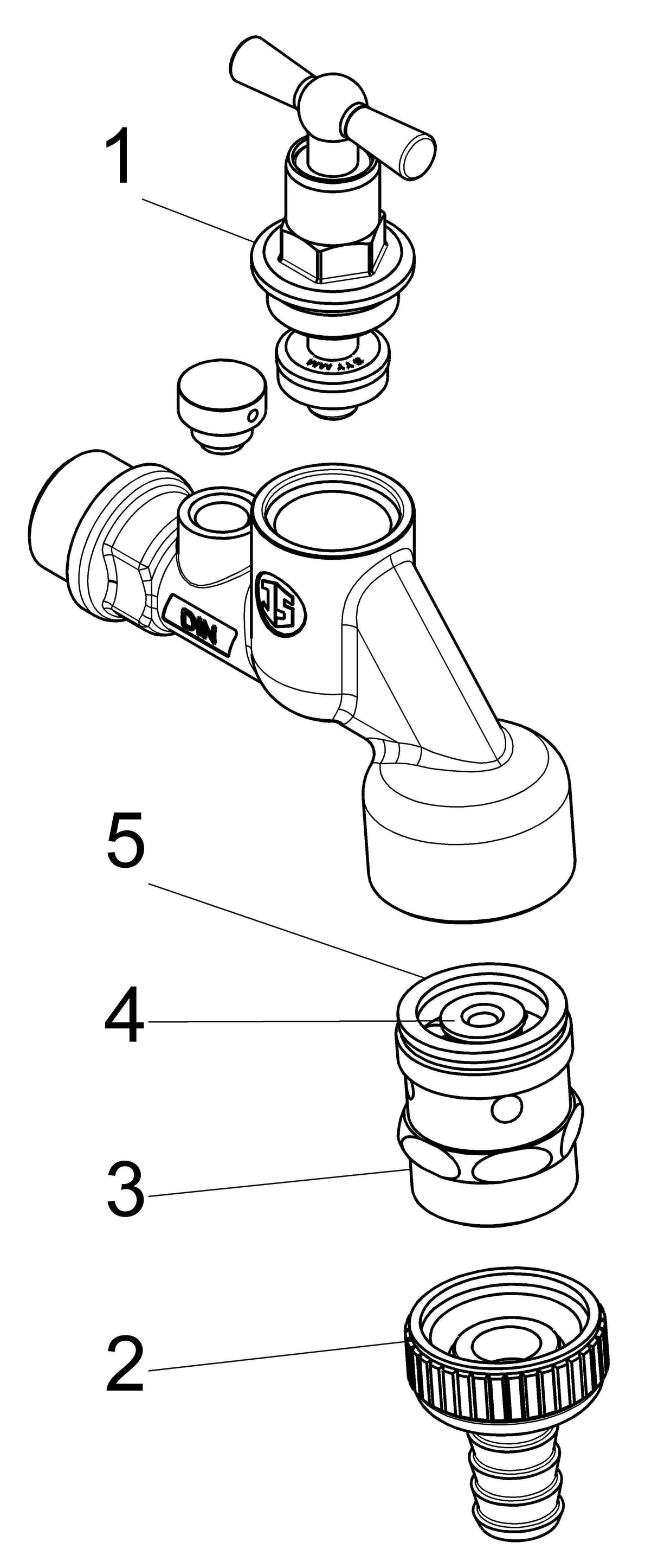 JS Auslaufventil, Serie Air-tec, mit Rohrbelüfter, mit Rückflussverhinderer, mit Schlauchverschraubung, mit Knebel-Oberteil, 1/2", poliertes chrom, DVGW geprüft