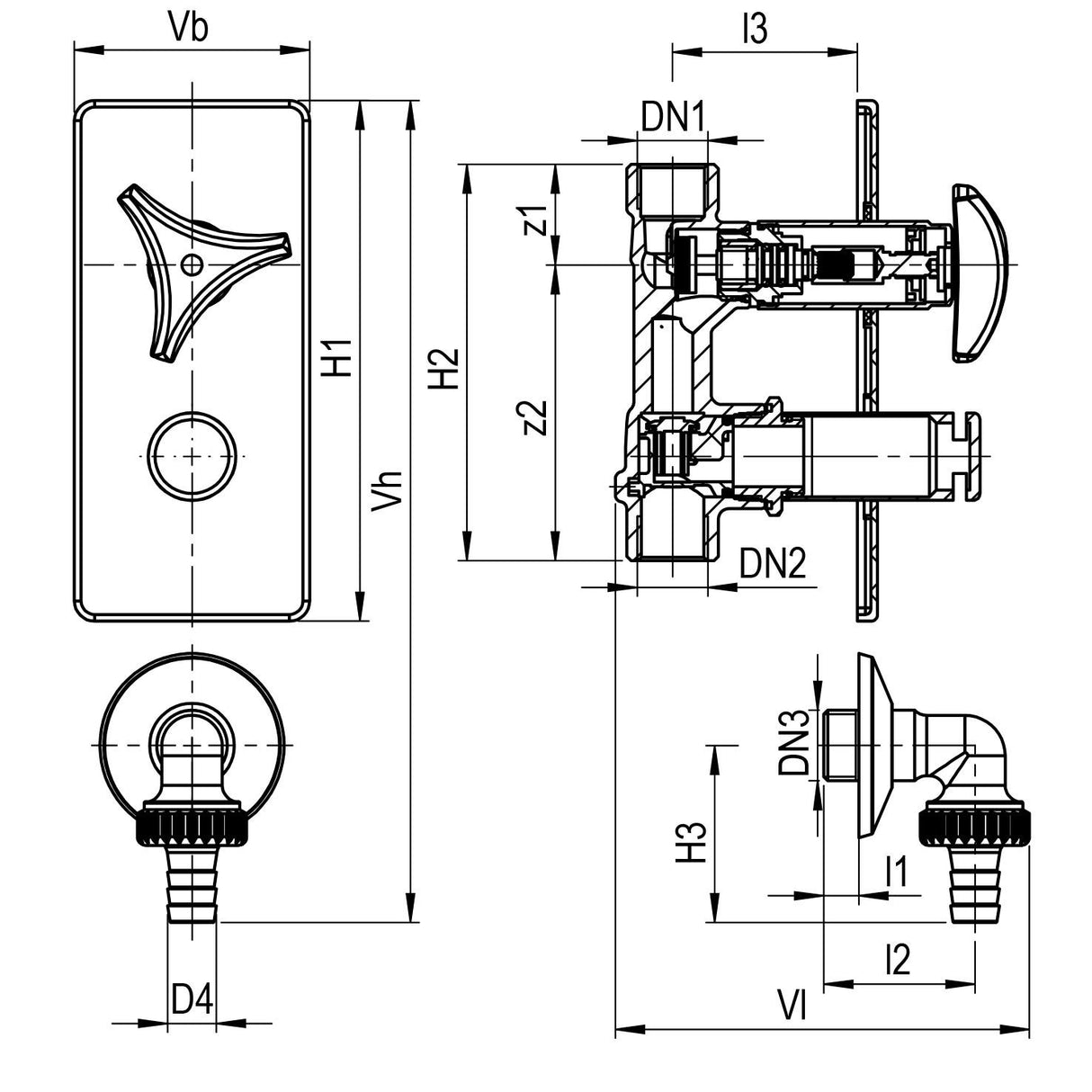 AIPS SEPP GA UP Armaturenkombination mit Dreisterngriff Oberteil 8071 Rp1/2 x G3/4 (DN15) Messing verchromt, mit Rückflussverhinderer, Rohrbelüfter, Wandanschlussbogen und Schlauchverschraubung. T-max. = 90 C, PN10