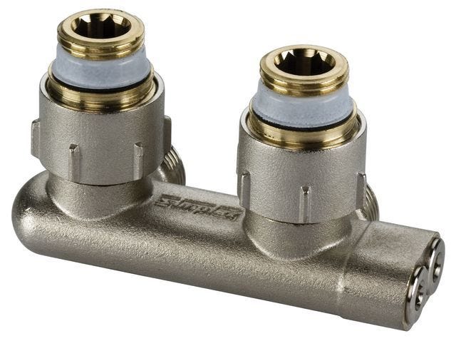 FL Umlenkstück Eck aus Messing vernickelt, absperrbar, mit 50 mm Achsabstand, für Klemmverschraubungen, Anschluss zur Wand rechtwinklig, geeignet für Zweirohrsystem