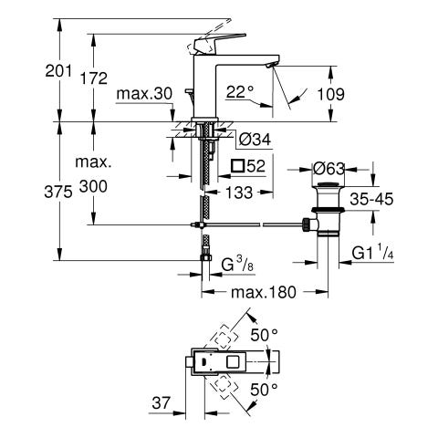 GROHE Einhand-Waschtischbatterie Eurocube 23445, M-Size, Einlochmontage, Zugstangen-Ablaufgarnitur 1 1/4'', chrom