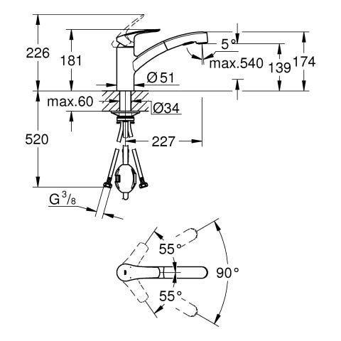 GROHE Einhand-Spültischbatterie Eurosmart 30305_1, flacher Auslauf, Einlochmontage, herausziehbare Dual Spülbrause, schwenkbarer Gussauslauf, Schwenkbereich 90°, chrom