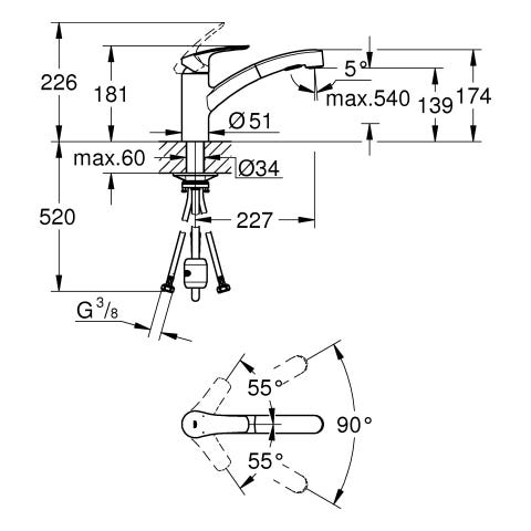 GROHE Einhand-Spültischbatterie Eurosmart 30305_1, flacher Auslauf, Einlochmontage, herausziehbare Dual Spülbrause, schwenkbarer Gussauslauf, Schwenkbereich 90°, chrom