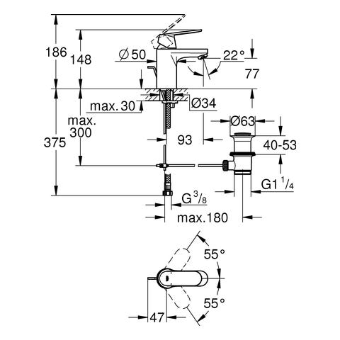 GROHE Einhand-Waschtischbatterie Eurosmart Cosmopolitan 32825, S-Size, Einlochmontage, Zugstangen-Ablaufgarnitur 1 1/4'', 5,7 l/min SpeedClean Mousseur, chrom