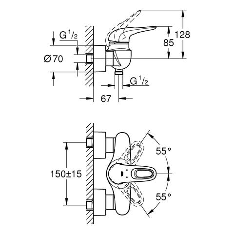 GROHE Einhand-Brausebatterie Eurostyle 33590_3, Wandmontage, offener Metall-Hebelgriff, chrom
