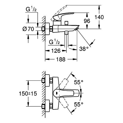 GROHE Einhand-Wannenbatterie Eurosmart 33300_3, Wandmontage, Temperaturbegrenzer, S-Anschlüsse, eigensicher, chrom