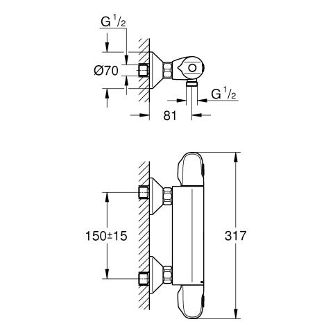 GROHE Thermostat-Brausebatterie Grohtherm 1000 34814_3, Wandmontage, eigensicher, Professional Edition, chrom