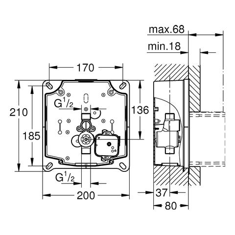 GROHE Urinal-Rohbauset Rapido U 37338, für manuelle Betätigung oder Tectron Infrarot Elektronik 6 V oder 230 V, für Nass- und Trockenausbau