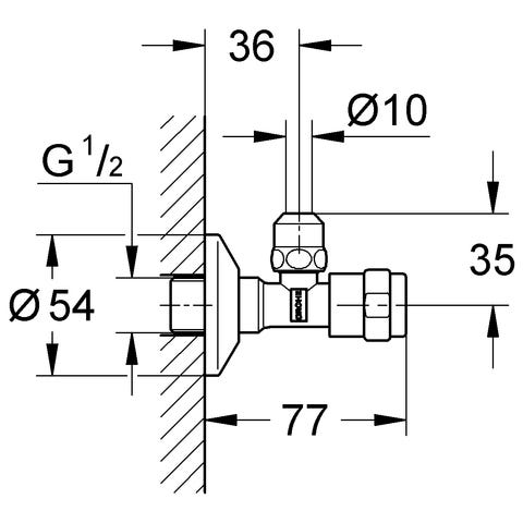 GROHE Eckventil Egaplus 41263, DN 15, Wandanschluss 1/2'', Abgang 3/8'', mit Längenausgleich, mit Quetschverschraubung Ø 10 mm, Markierung neutral, chrom