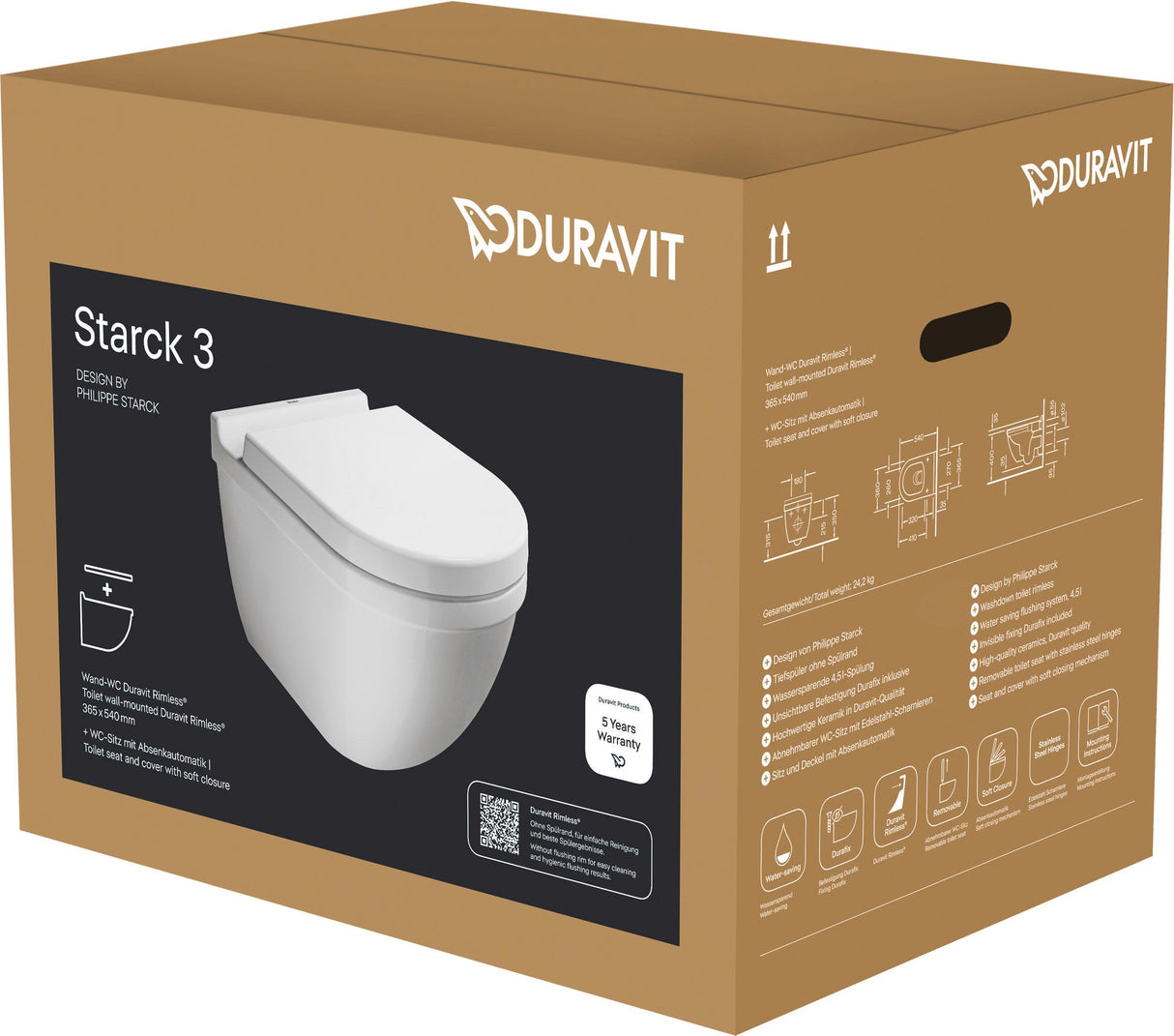 Duravit Starck 3 WC-Set wandhängend, weiß Hochglanz, Tiefspüler, mit WC-Sitz und Absenkautomatik