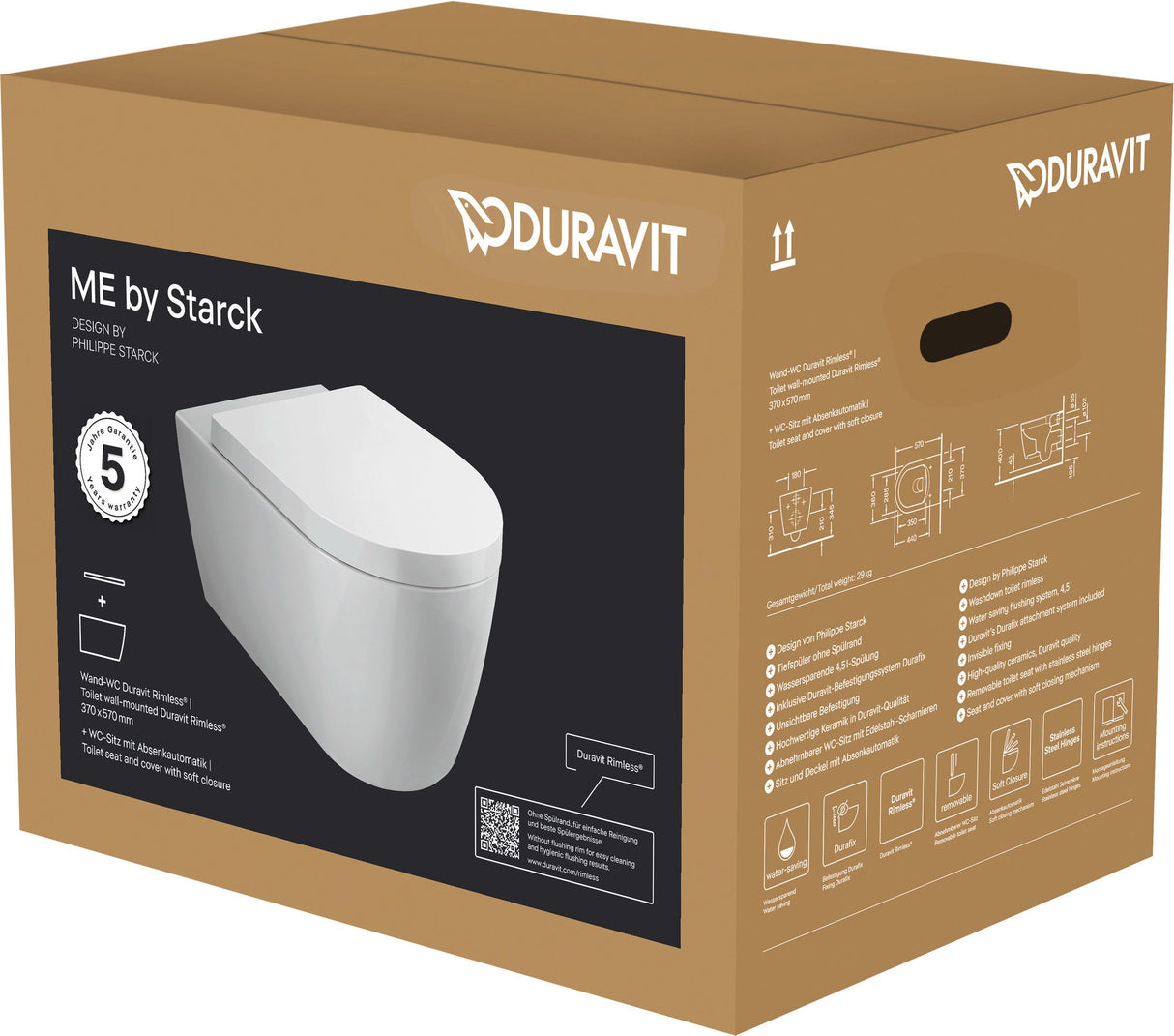 Duravit ME by Starck WC-Set wandhängend weiß Hochglanz, Tiefspüler, rimless, Abgang waagerecht, mit WC-Sitz und Absenkautomatik