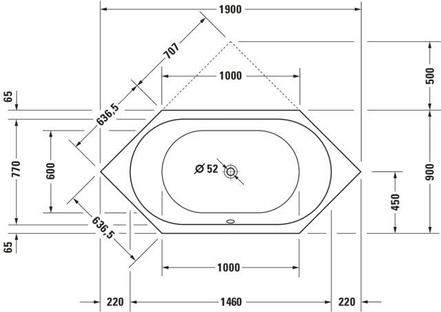 DU D-Code Badew. 6Eck 1900x900 Einbau Rückenschr.2 L/R, Weiß