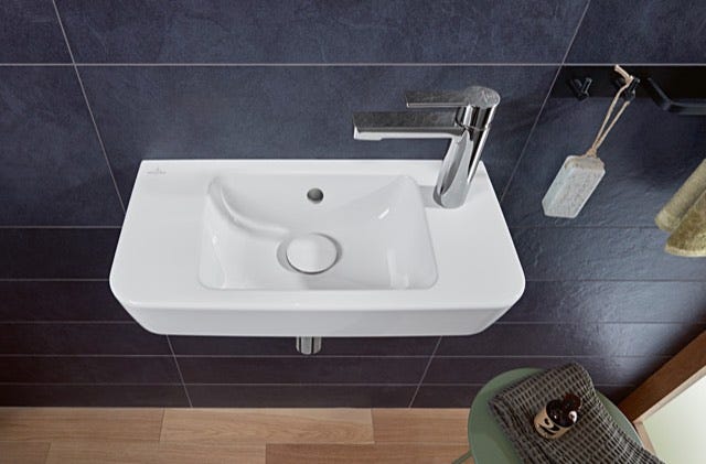 Villeroy & Boch Handwaschbecken Compact O.novo 4342R5, 500 x 250 mm, Eckig, Becken mittig, 1HL. Hahnloch rechts durchgestochen, mit Überlauf, Weiß Alpin