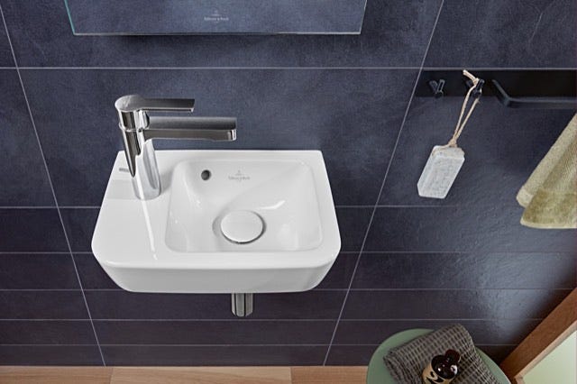 Villeroy & Boch Handwaschbecken Compact O.novo 434236, 360 x 250 mm, Eckig, Becken rechts, 1HL. Hahnloch links durchgestochen, mit Überlauf, Weiß Alpin
