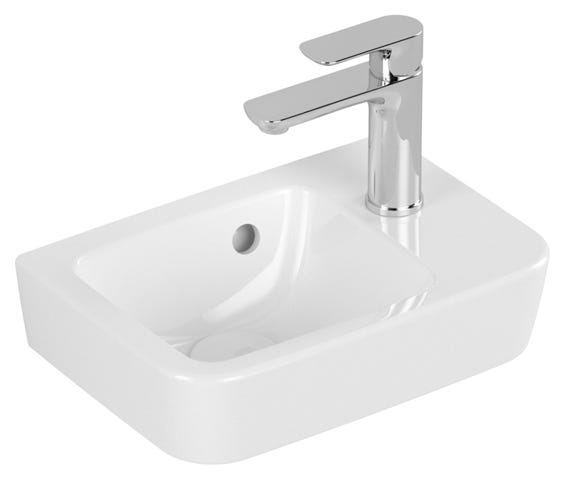 Villeroy & Boch Handwaschbecken Compact O.novo 434336, 360 x 250 mm, Eckig, Becken links, 1HL. Hahnloch rechts durchgestochen, mit Überlauf, Weiß Alpin