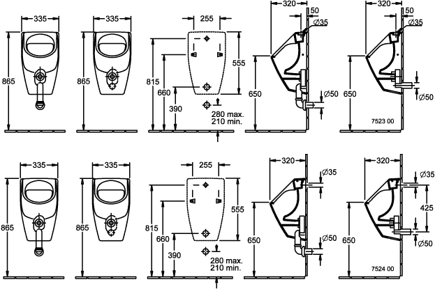 Villeroy & Boch Absaug-Urinal O.novo 752400, 320 x 335 x 560 mm, Oval, ohne Deckel, spülrandlos, Zulauf verdeckt, Weiß Alpin