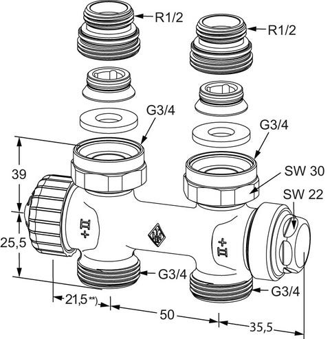 IMI HEIMEIER Ventil Multilux Zweirohr Durchgang, für Rp 1/2 Innengewinde und G 3/4 Außengewinde