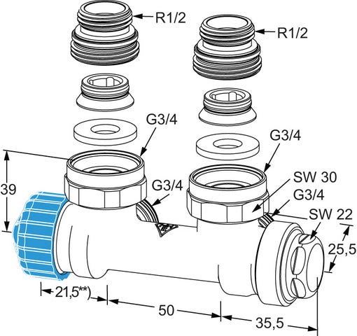 IMI HEIMEIER Ventil Multilux Einrohr Eck, für Rp 1/2 Innengewinde und G 3/4 Außengewinde