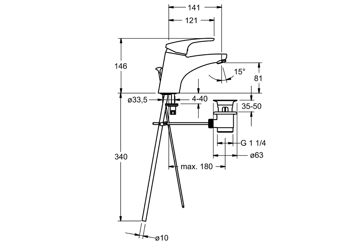 HA Einhebelmischer Waschtischbatterie HANSAMIX 0109 Kupferrohr Zugstangenablaufgarnitur Ausladung 141 mm DN15 Chrom