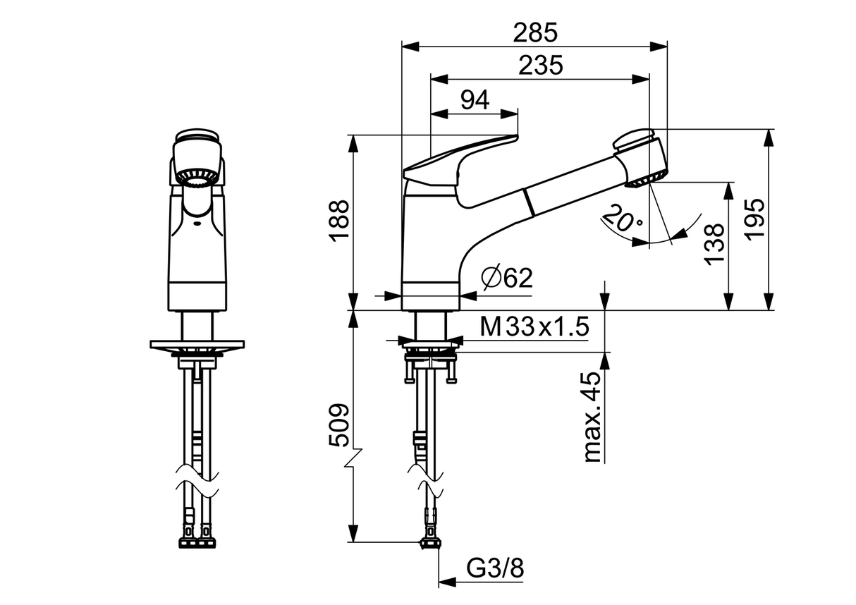 HA Einhebelmischer Küchenarmatur HANSAMIX 0138 2-strahlig Ausladung 235 mm DN15 Chrom