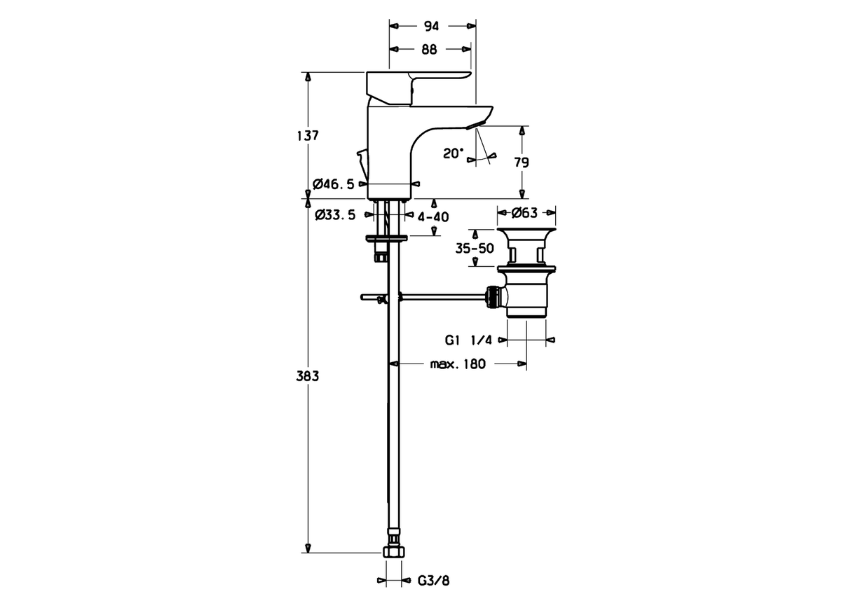 HA Einhebelmischer Waschtischbatterie HANSALIGNA XS 0607 Zugstangenablaufgarnitur Ausladung 94 mm DN15 Chrom