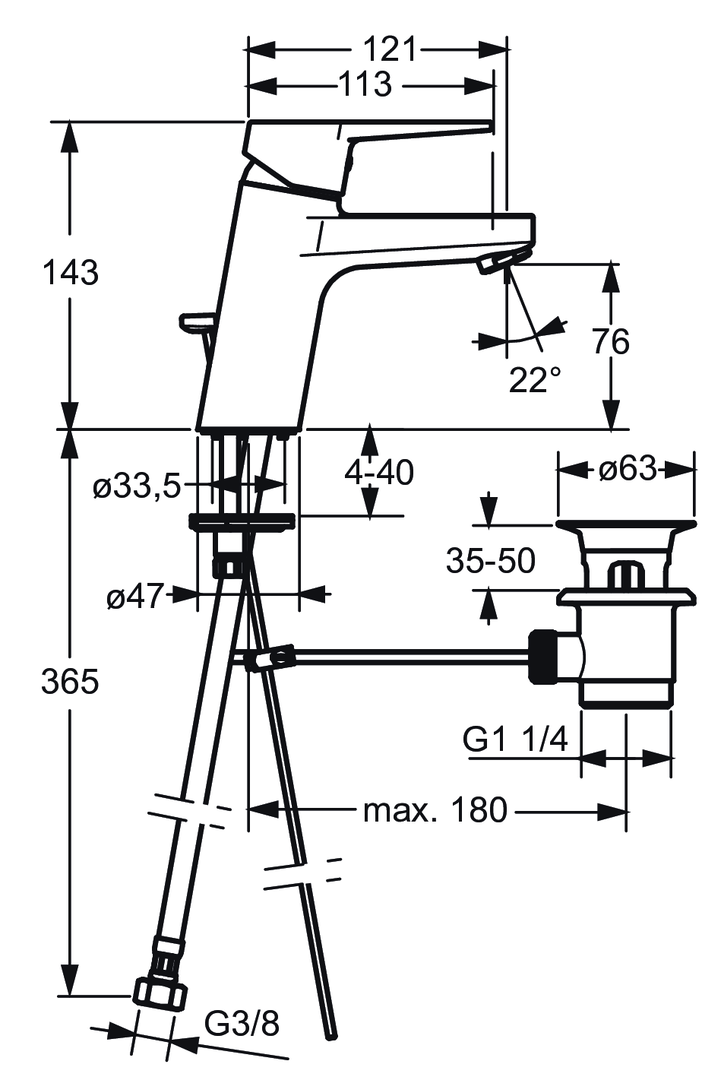 HA Einhebelmischer Waschtischbatterie HANSATWIST 0909 Zugstangenablaufgarnitur Ausladung 121 mm DN15 Chrom