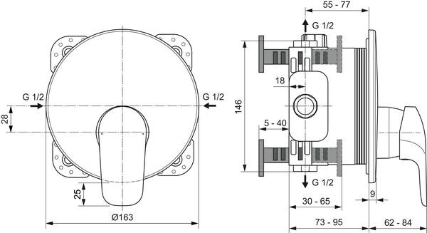 Ideal Standard Brausearmatur Unterputz Ceraflex, Bausatz 2, Rosette 163x163mm, Chrom