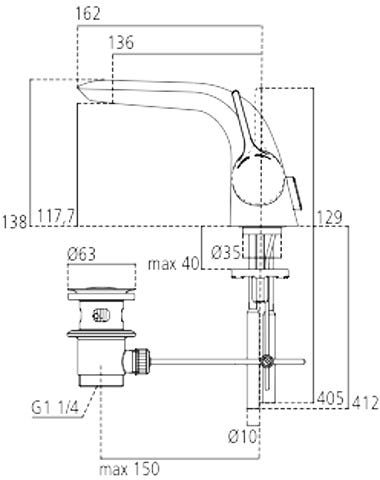 Ideal Standard Waschtischarmatur Melange, mit Ablaufgarnitur, CU-Rohren, Ausladung 136mm, Chrom
