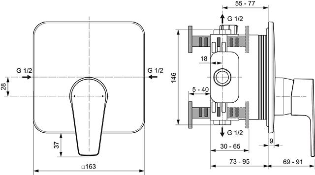 Ideal Standard Brausearmatur Unterputz Cerafine D, Bausatz 2, Rosette 163x163mm, Chrom