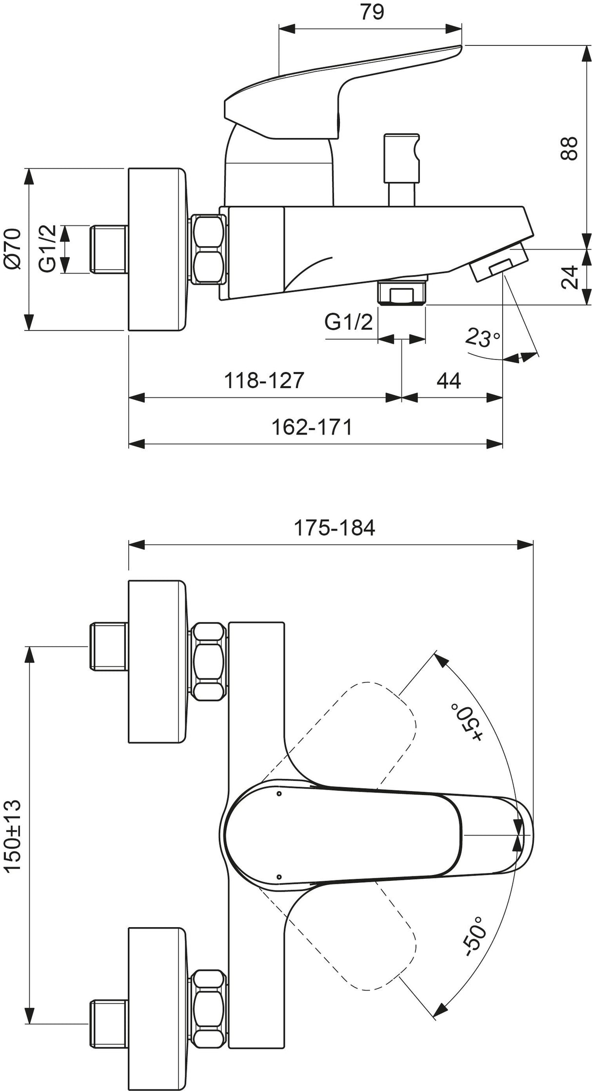 Ideal Standard Badearmatur Aufputz Ceraflex, Ausladung 162mm, Chrom