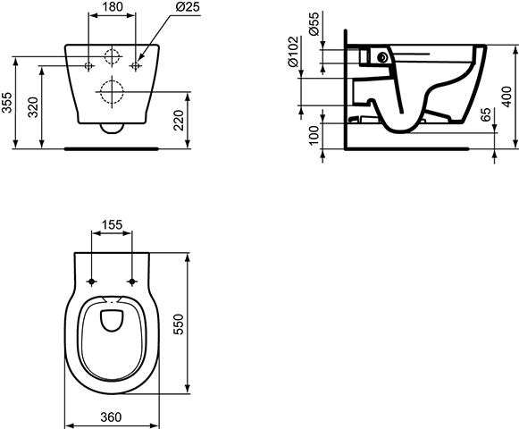 Ideal Standard WC-Paket Connect, WC randlos, mit WC-Sitz Softclosing, 365x550x385mm, Weiß