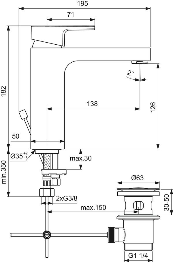 Ideal Standard Waschtischarmatur Edge, Grande, 5 l/min., mit Ablaufgarnitur, Ausladung 138mm, Chrom